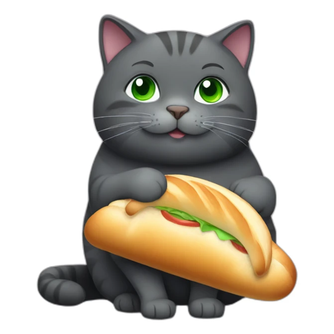 happy dark grey fat cat with green eyes and short tail eating a baguette sticker