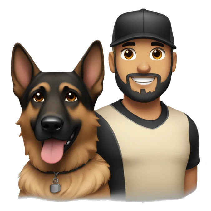 white male with a black beard and a baseball hat alongside a black and brown german shepherd  sticker