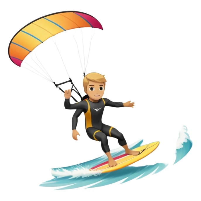 An athlete in a wetsuit riding a kiteboard, soaring over the sea waves with the kite high in the sky. The background features a vibrant blue sky and crashing ocean waves, capturing the thrill and freedom of kitesurfing in dynamic motion. sticker