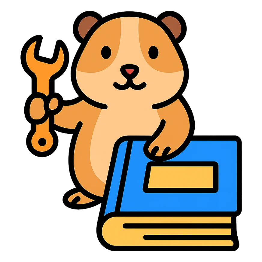 guinea pig (cavia) holding a wrench, fixing a book, color outline icon sticker