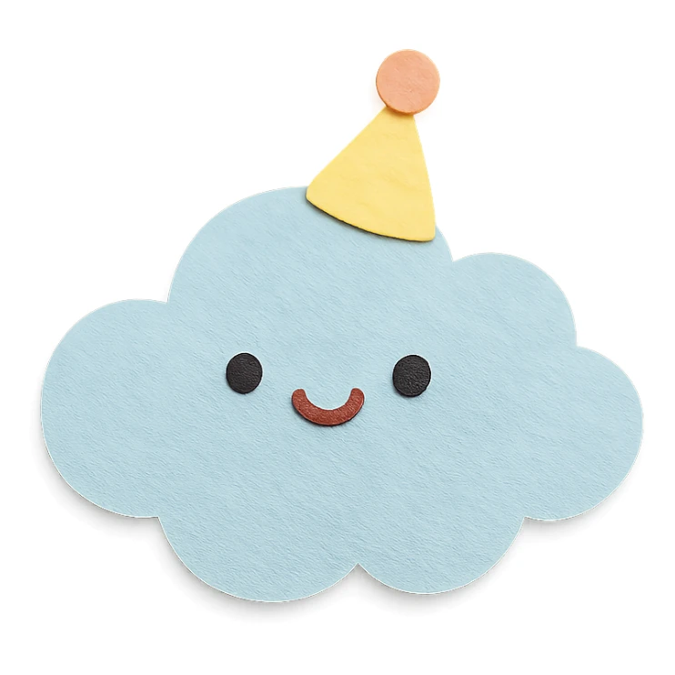 soft pastel cute cloud wearing a tiny party hat and smiling, no arms, no legs, full body, soft pastel kawaii paper craft style sticker