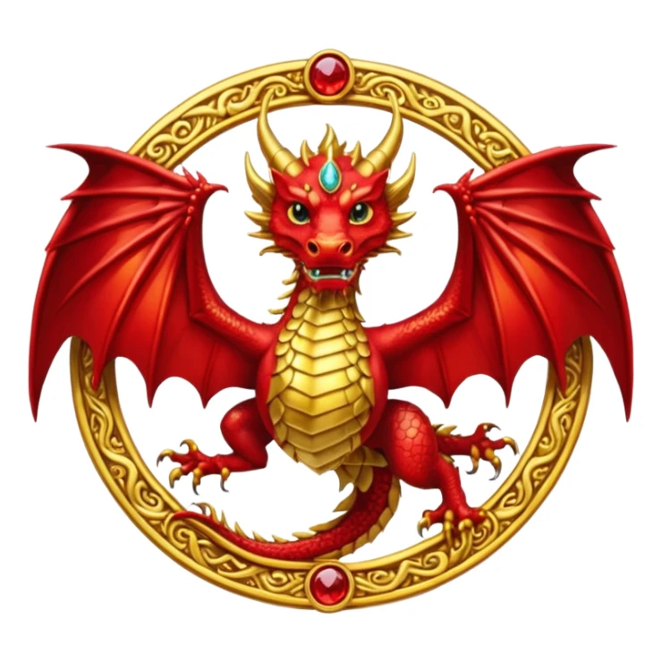 Golden Dragon with wings crest/brosch in a circle with red gems sticker
