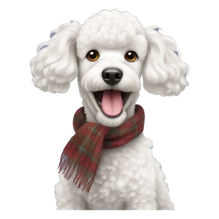 A white poodle with a scarf in its teeth sticker