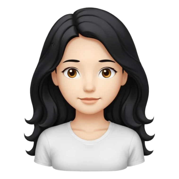 front-facing, chest-up portrait, symmetrical pose
long wavy black hair, glossy strands, slightly rounded volume, soft gentle smile, relaxed eyes, cute proportions
white T-shirt, minimal, pure white background, bright soft lighting, smooth plastic-like material, clean rende sticker