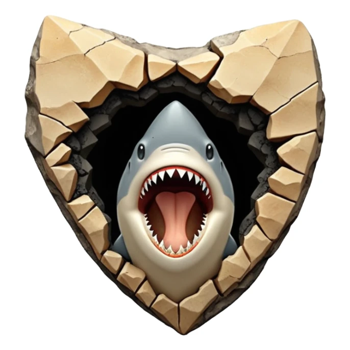 3D render of Shark Tooth, embedded in a chunk of rough sedimentary rock, cracked stone texture, ancient fossil aesthetic, shiny black enamel tooth embedded in beige sand, matte dry finish, Apple emoji style, isolated on white background --v 6.0 sticker