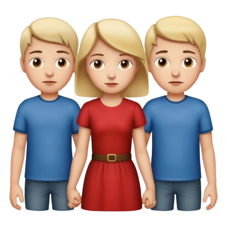 Apple iOS emoji style.
A girl holding hands with two boys at the same time, one on each side.
The girl has a suspicious, guilty expression, slightly turned eyes.
The boys look neutral and unaware.
Clean, minimal Apple emoji design, smooth gradients, rounded shapes. sticker