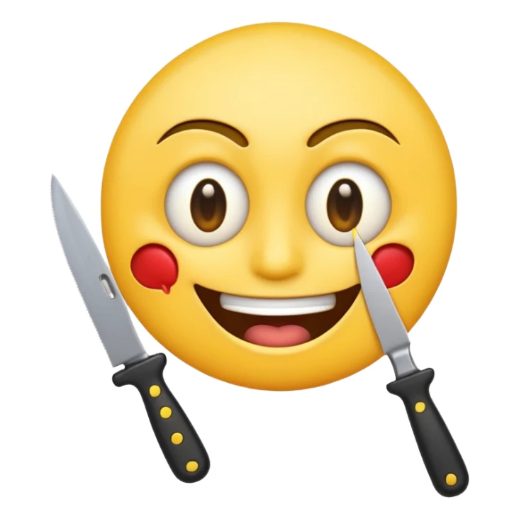 a cartoonish smiling emoji with a knife stuck in its eye, exaggerated expression sticker