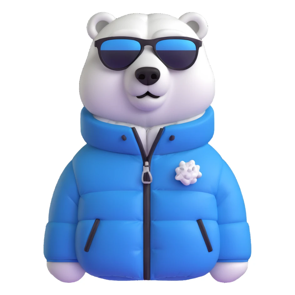 polar bear wearing a white puffer jacket and sunglasses  sticker