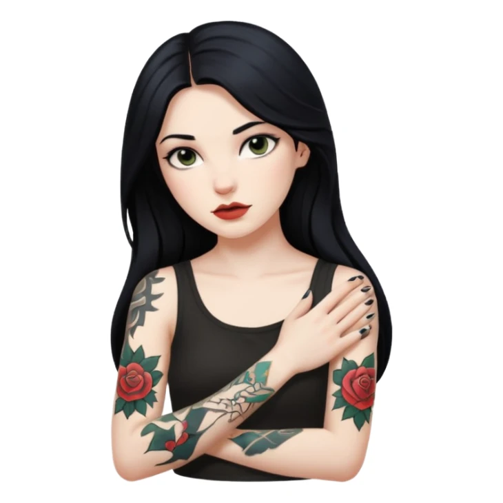 Hyperrealistic Pale girl with long black hair arm tattoos sticker