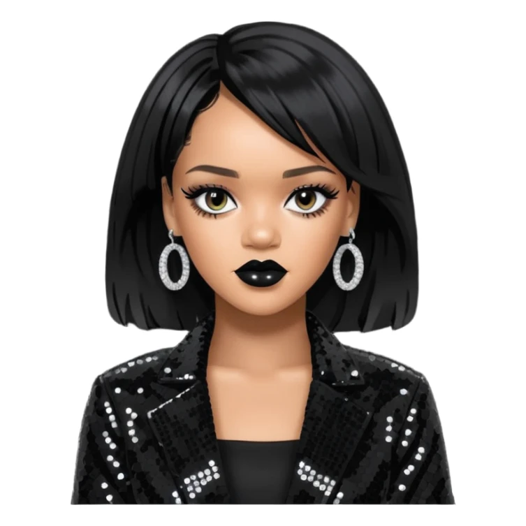 Rihanna with jet black hair, black sequin outfit sticker