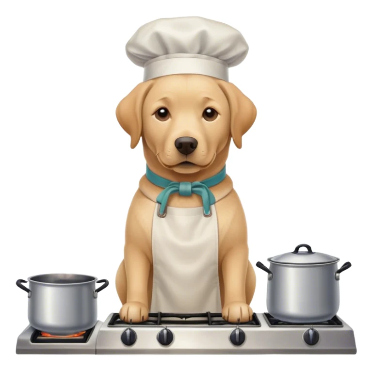 Handsome Labrador Retriever with apron standing over a hot stove with boiling pots  sticker