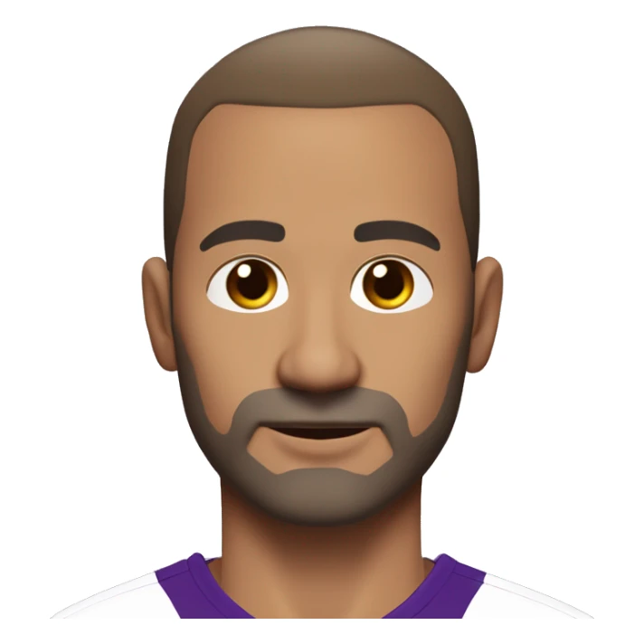45-year-old man, slightly round face. very short hairs, almost shaved, a small central crest. hairline is slightly receding, sparse hair around the temples. brown eyes unshaven, small stubble beard. black and purple soccer jersey.  sticker