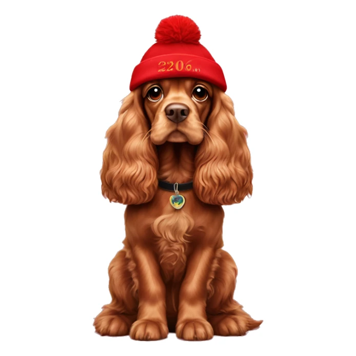 A full-length, adult, red cocker spaniel in a New Year's cap, siting sticker