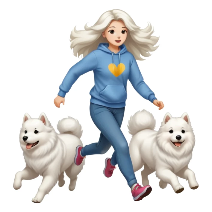 A beautiful girl with long hair wearing a sweatshirt and jeans is running with a Samoyed sticker