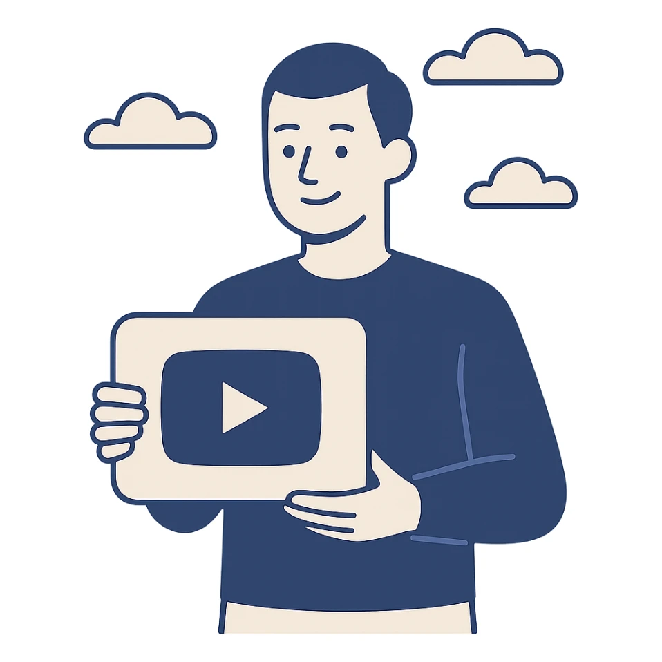 a man looking at the camera holding a YouTube logo, clean modern illustration style sticker