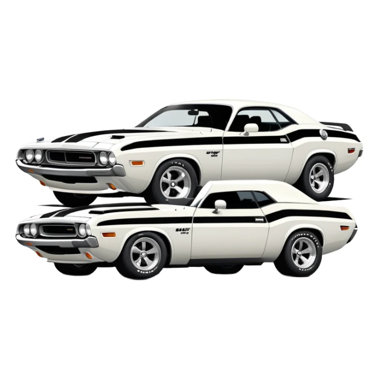 Minimalist white 1971 Dodge Challenger muscle car, side view, iconic white paint job, black stripe on the side, classic American muscle car from the movie Death Proof sticker