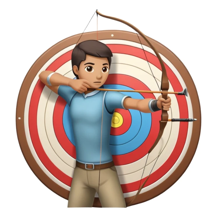 An archer pulling back a bowstring, aiming at a target in the distance. The target features concentric rings, and the scene conveys focus and precision. The background captures the essence of an outdoor archery range, highlighting skill and concentration in the sport. sticker