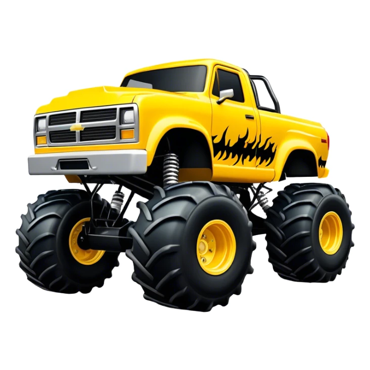 Maximum Destruction - Monster Jam (Model Year: 2021) (Iconic colour: Yellow with black flames) - A ferocious monster truck featuring a vivid yellow base accented by dramatic black flame patterns. Emphasize sharp, high-contrast flame streaks across the body, creating a look of aggressive, explosive energy. sticker