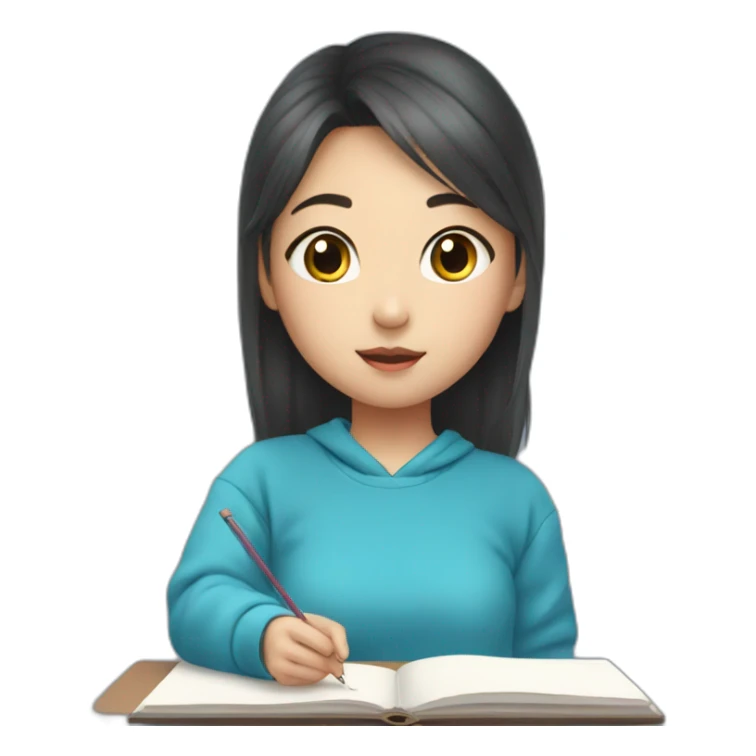 Cute asian aesthetic girl doing lessons in a blue sweatshirt sticker