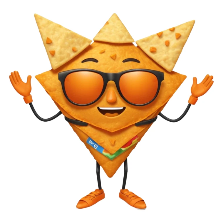 A dorito chip, with legs, arms, and a face. It can be seen wearing sunglasses sticker