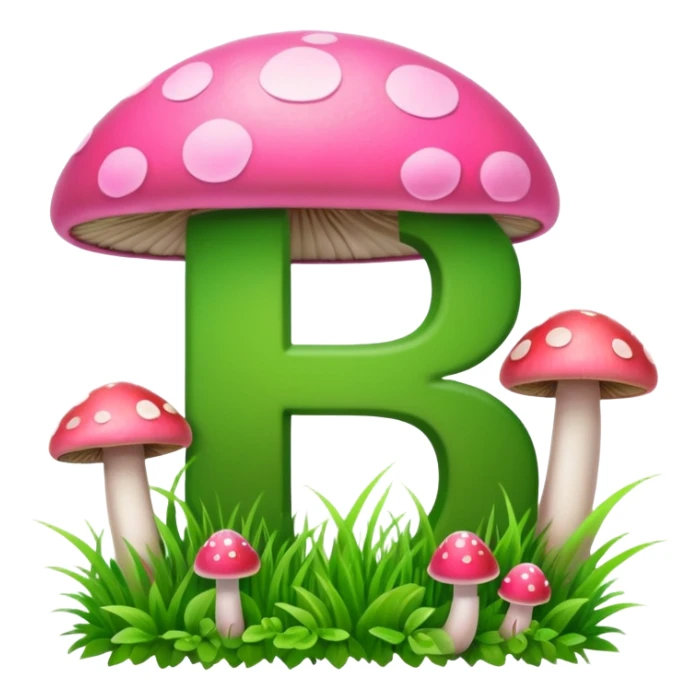 Double letter P, pink and green, with grass growing, mushrooms around sticker