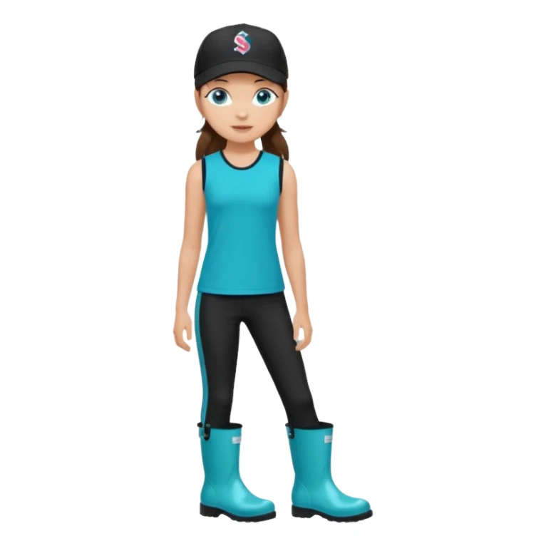 A landscaper in a beautiful turquoise longsleve and turquoise rubber boots, black pants, and a black sleeveless shirt. On her head is a black color Swissotel baseball cap. The girl is a brunette with blue eyes. sticker