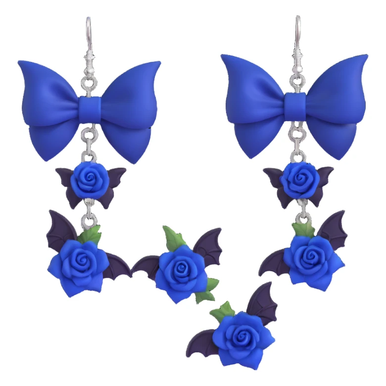 gothic earrings with midnight blue velvet bows, silver bat charms, deep blue rose accents, dramatic and gothic sticker