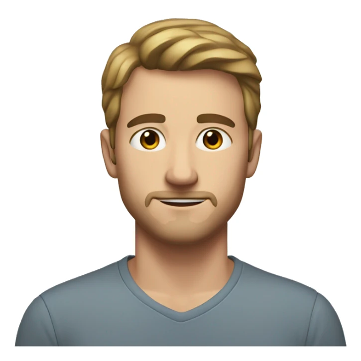 A young adult white man with a spot on his forehead. Brown eyes, medium-small hair, small mustache and beard sticker