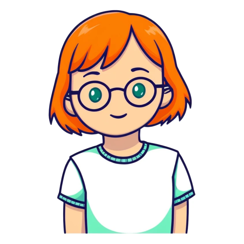 orange-haired shy nerd girl with round glasses and green eyes sticker