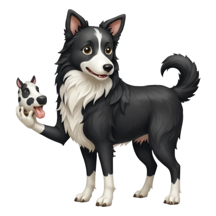 A black and white border collie werewolf, standing on her hind legs, holding a cow's hoof. sticker