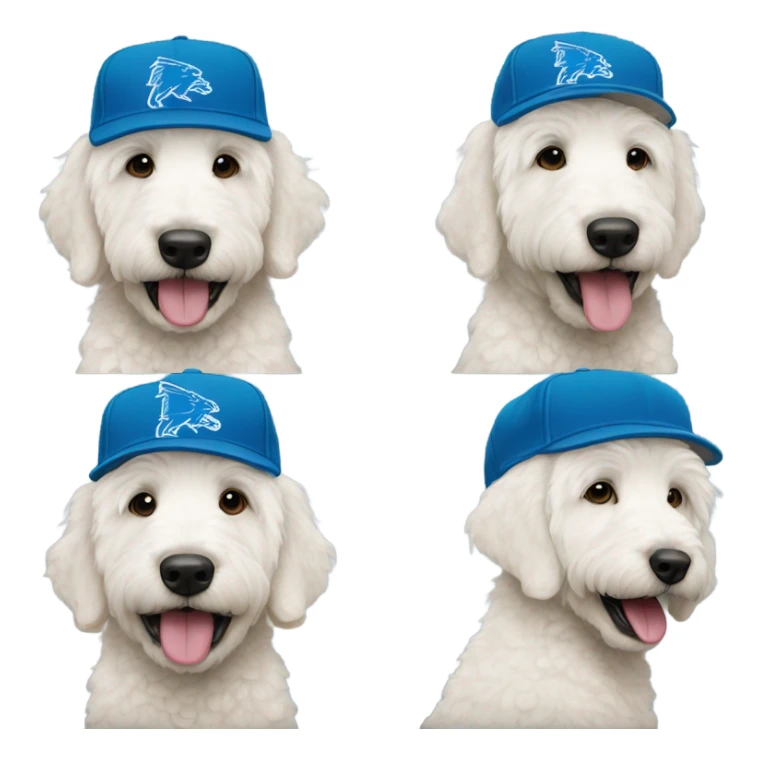 White golden doodle with a Detroit lions hat sticker