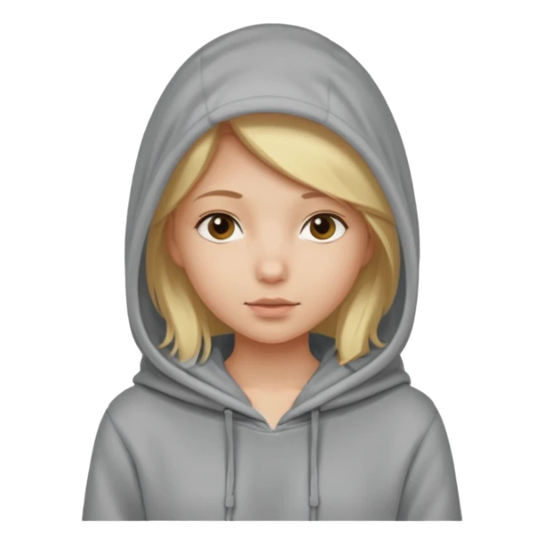 blonde girl with her head covered in a sweatshirt and hood sticker