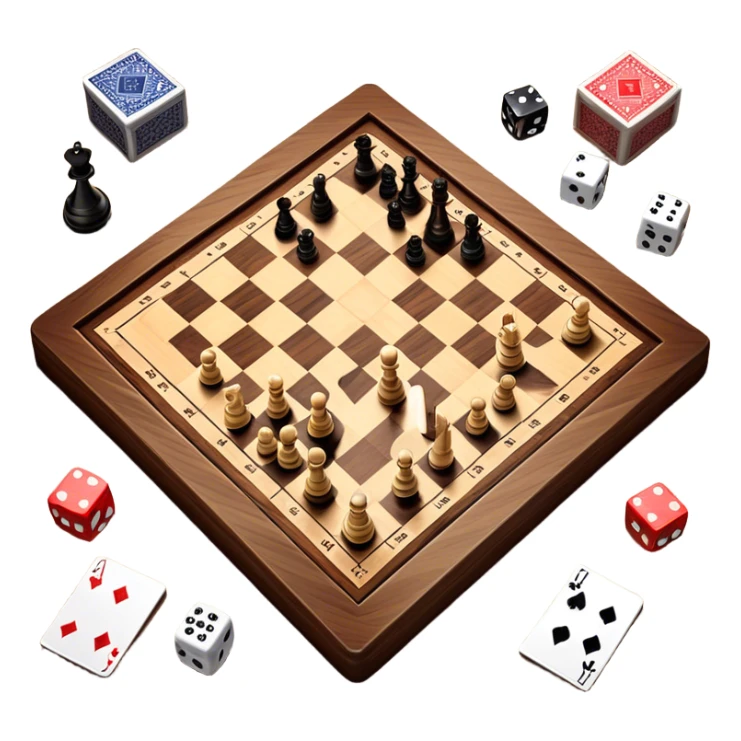 A photorealistic icon featuring a chessboard with pieces in play, dice, playing cards, and a few game tokens on a wooden table. Bright, detailed design with realistic textures and lighting, capturing the fun and strategy of tabletop games. Transparent background, symbolizing board games. sticker