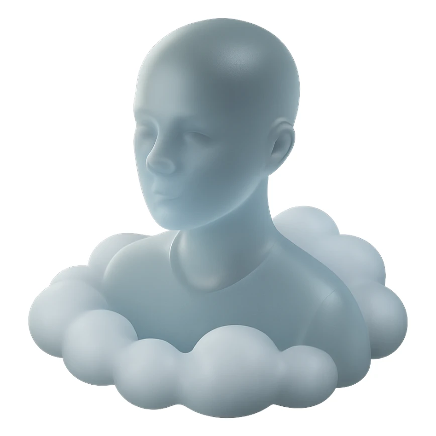 person looking straight, shoulders immersed in fluffy convex white clouds sticker