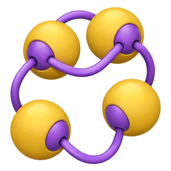 five yellow balls connected by links to a central purple ball, arranged around the purple ball, simple emoji style, shiny effect sticker