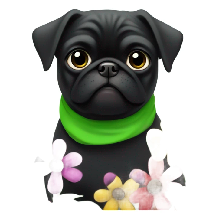 Black pug , surrounded by flowers, holding a green sign that says “good luck”  sticker