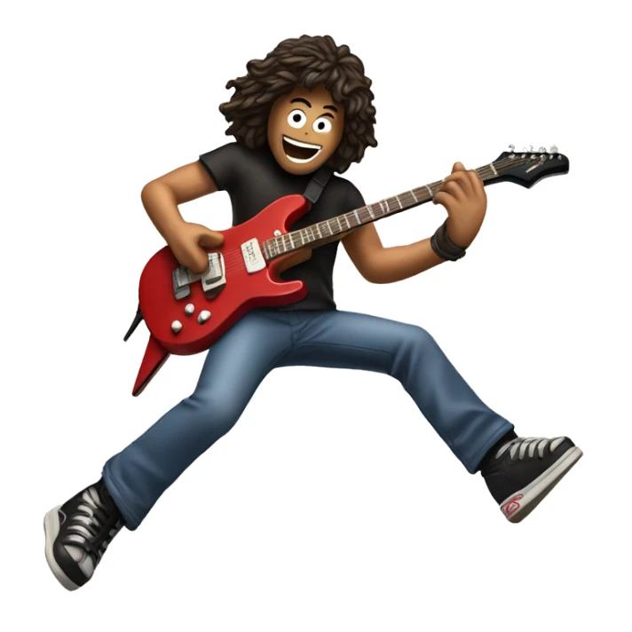 Eddie an Halen jumping, straddle-style with his signature guitar sticker