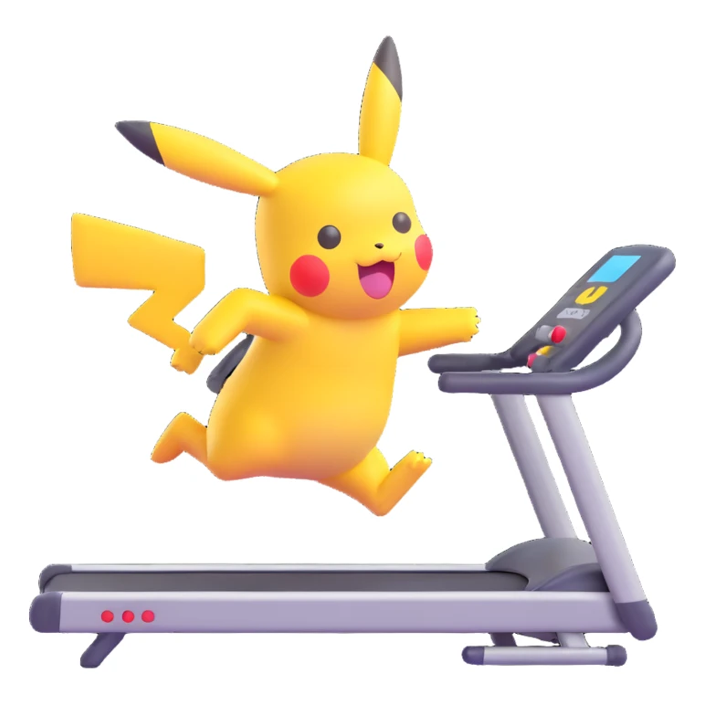 Pikachu running on a treadmill to indicate loading, lively and fun, modern emoji style sticker