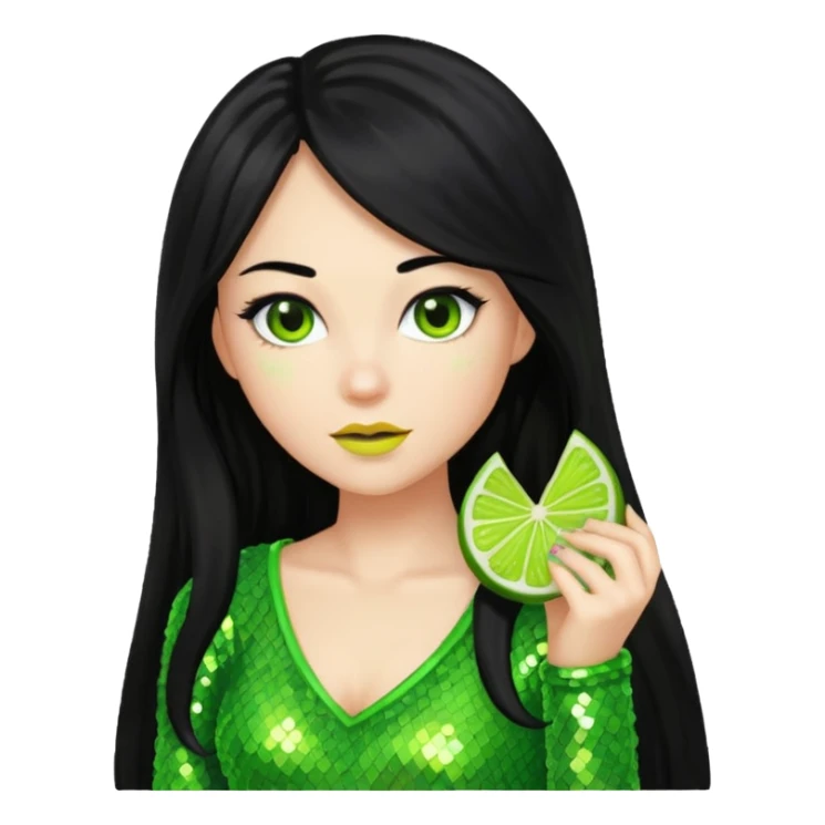 Verona from Van Helsing with long black hair, lime green sequin outfit sticker