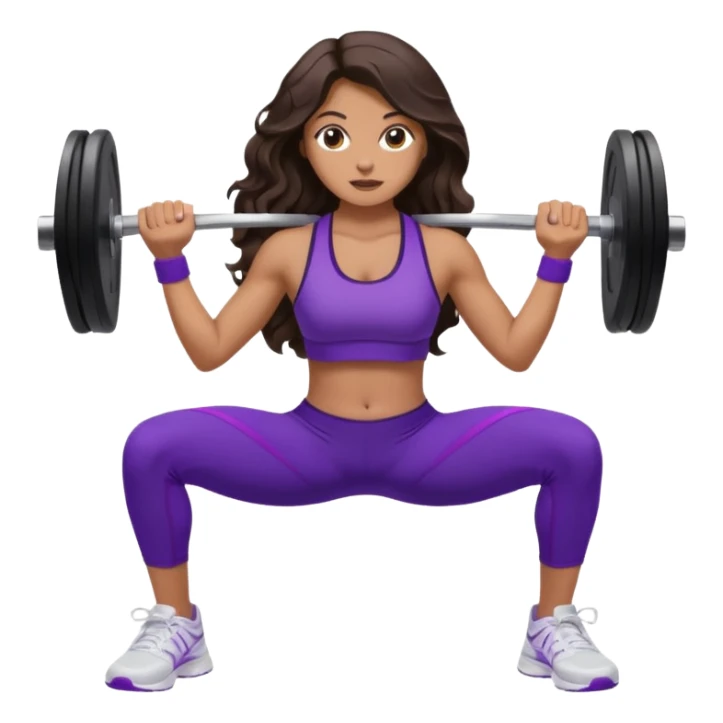 mujer de tez trigueña, con cabello castaño oscuro ondulado con pequeñas ondas, con el cabello super largo hasta las rodillas estilizado, con ropa deportiva morada/lila, tenis blancos deportivos y levantando una pesa sticker