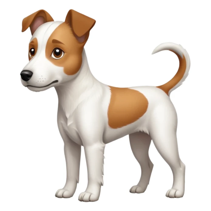 a full body large white parson russell terrier looking dog the size of a kelpie with light brown long ears and a light brown patch on one eye and a large snout sticker