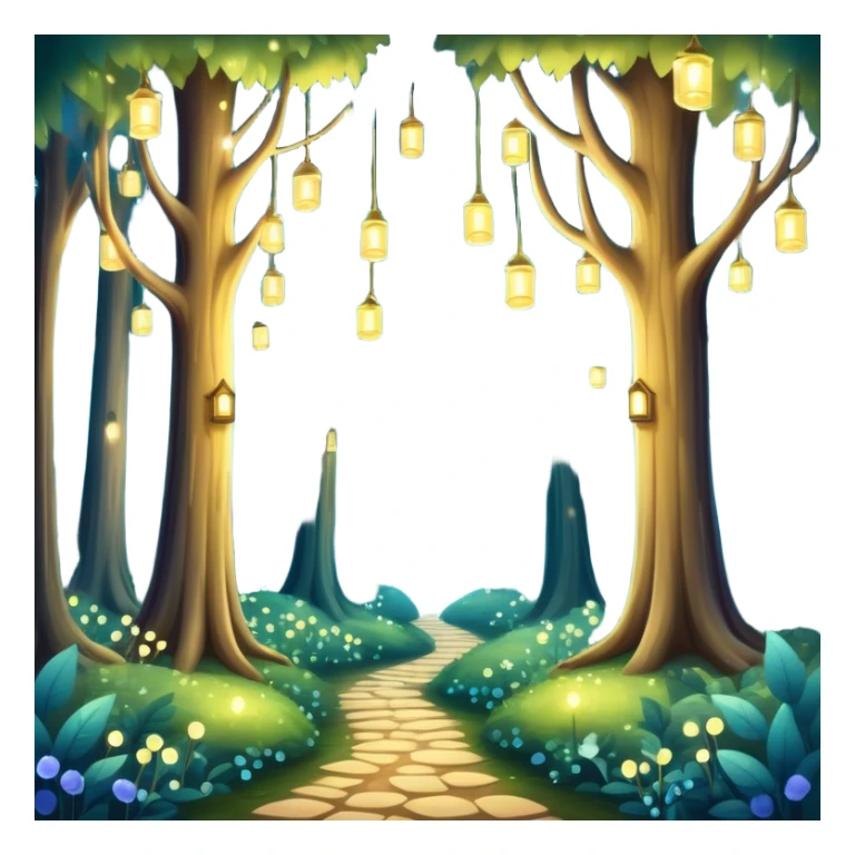 enchanted forest with tall trees and sparkling lights in a whimsical atmosphere sticker
