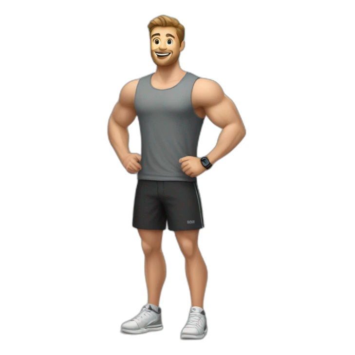 Full height realistic Actively gesturing with hands Pale skinned Fit Man With the biceps and brown hair in dark gray Sleeveless Mike, black oversize sports shorts, watch and white Sneakers sticker
