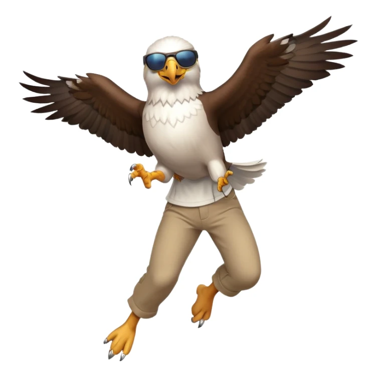 friendly anthropomorphised male eagle in a shirt and pants with sunglasses leaping energetic pose sticker