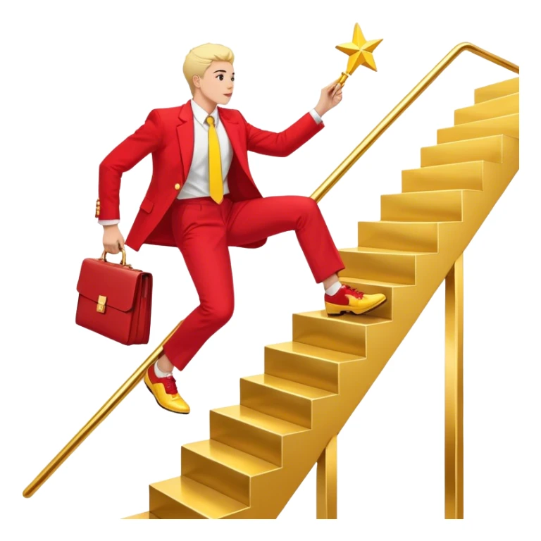 "A professional human figure dressed in a red and yellow business suit, confidently climbing a staircase made of progress bars or career-related icons. The figure’s outfit consists of a red blazer with yellow accents, red trousers or a skirt, and polished yellow shoes. A bright upward arrow (📈) is beside them, symbolizing growth and success. The person carries a red briefcase (💼) with golden details in one hand, while the other hand reaches toward a shining gold star (🌟), representing ambition and achievement. The background is plain white, with a clean, modern business-themed design. sticker