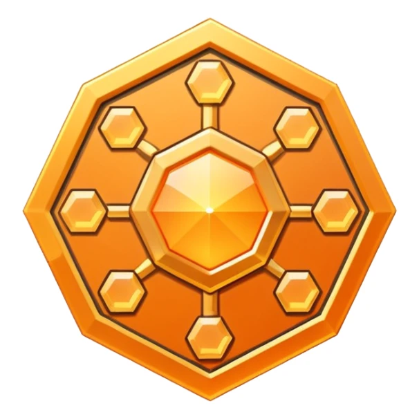 Futuristic reward points icon, diamond or hexagon shape, circuit board lines, Bloomberg terminal aesthetic, gold orange phosphor glow on dark background, minimalist geometric, no text, fintech style, clean edges, professional icon design sticker