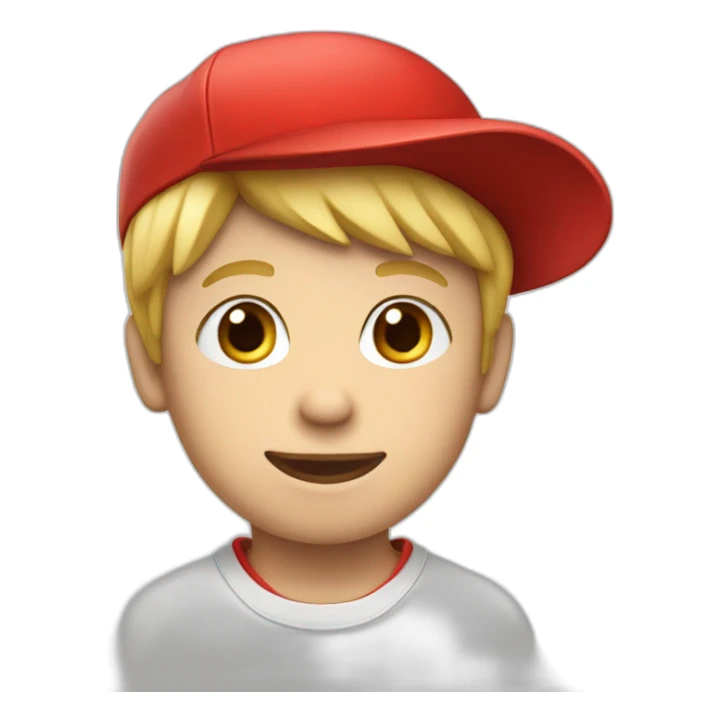 A blonde boy wearing a red cap that has the letter S on it  sticker