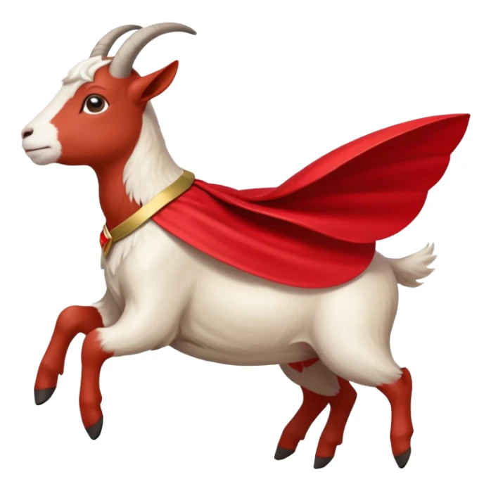 side view of white female goat wearing a read cape like superman sticker