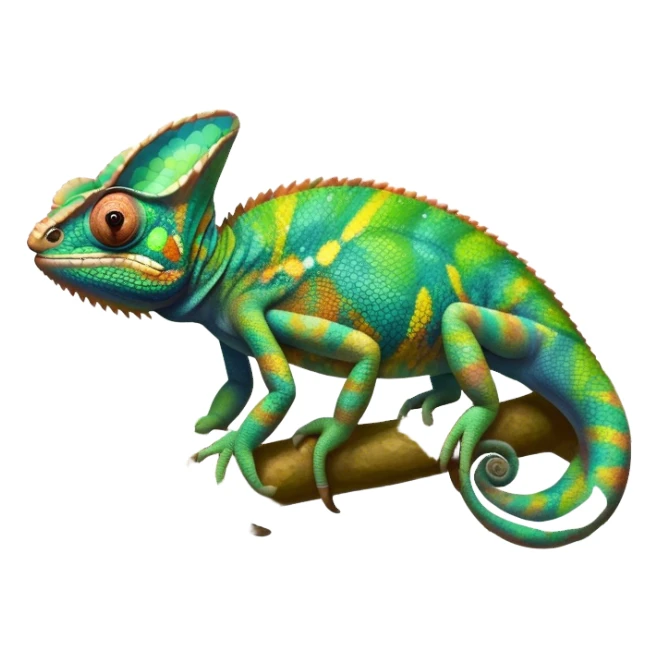 Giant chameleon on a branch, blending with vibrant greenery. Detailed scales in shifting colors, showing the chameleon’s ability to camouflage. Soft natural light highlights its texture. Nature background with leafs aтв адщцукы. Lush jungle background with vivid foliage, transparent background. sticker