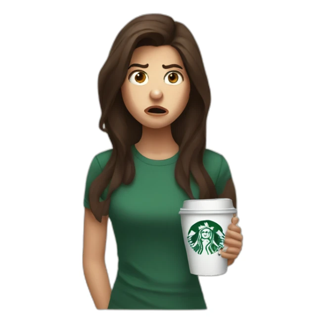 upset angry stressed anxious brunette girl holding starbucks sticker